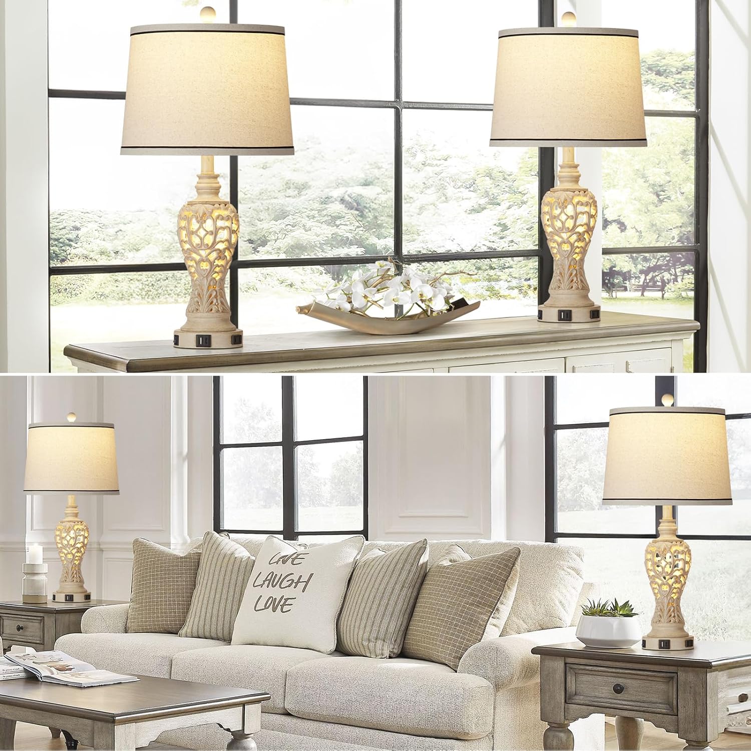 Set of 2 Farmhouse Table Lamps with Nightlight, Dual USB & AC Outlet, White Vintage Nightstand Lamps for Bedroom Living Room