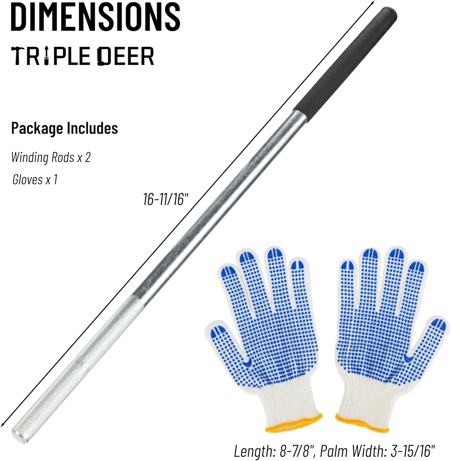 Set of 2 Garage Torsion Spring Winding Rods with Non-Slip Rubber Handle and Gloves - Zinc Steel Bars for Adjusting Door Tension Springs