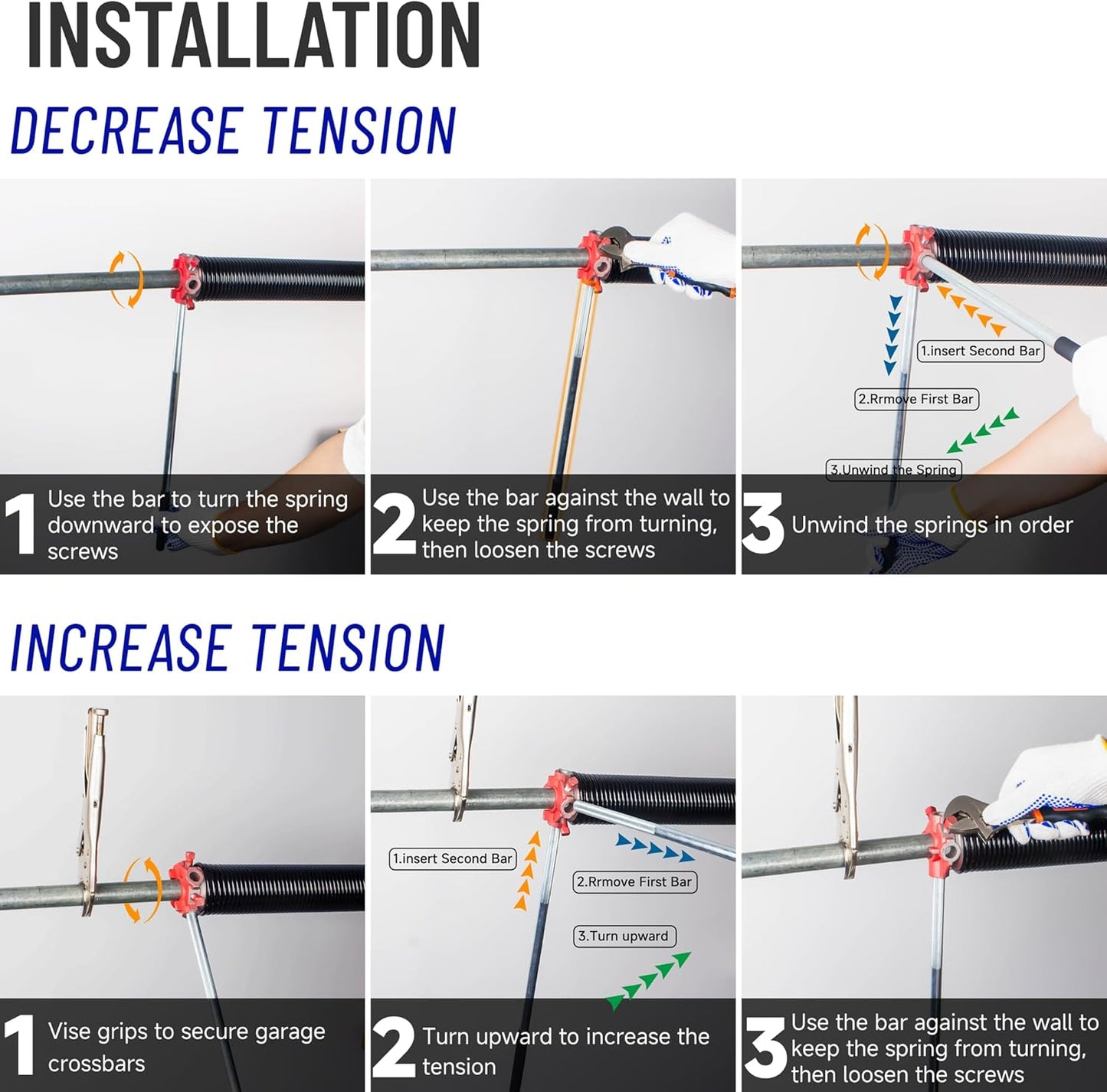 Set of 2 Garage Torsion Spring Winding Rods with Non-Slip Rubber Handle and Gloves - Zinc Steel Bars for Adjusting Door Tension Springs