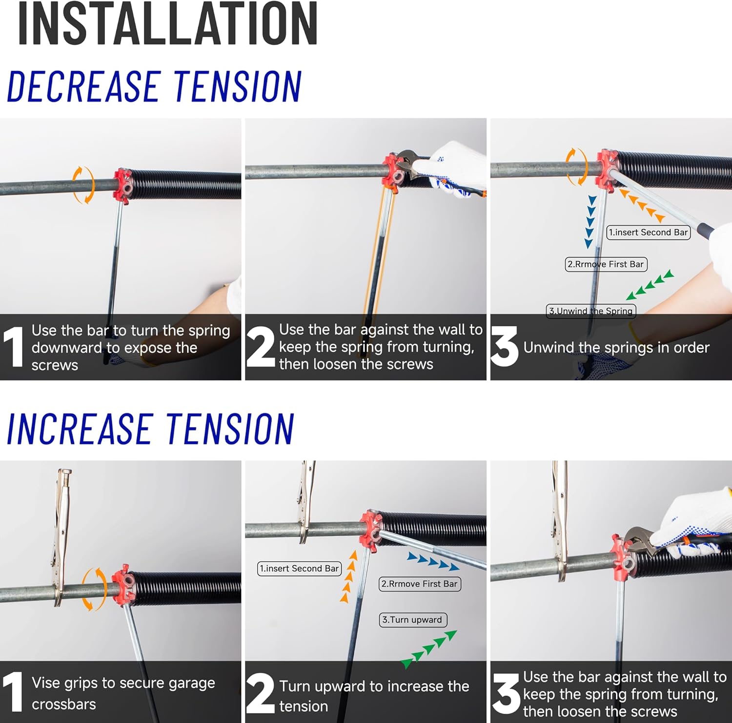 Set of 2 Garage Torsion Spring Winding Rods with Non-Slip Rubber Handle and Gloves - Zinc Steel Bars for Adjusting Door Tension Springs