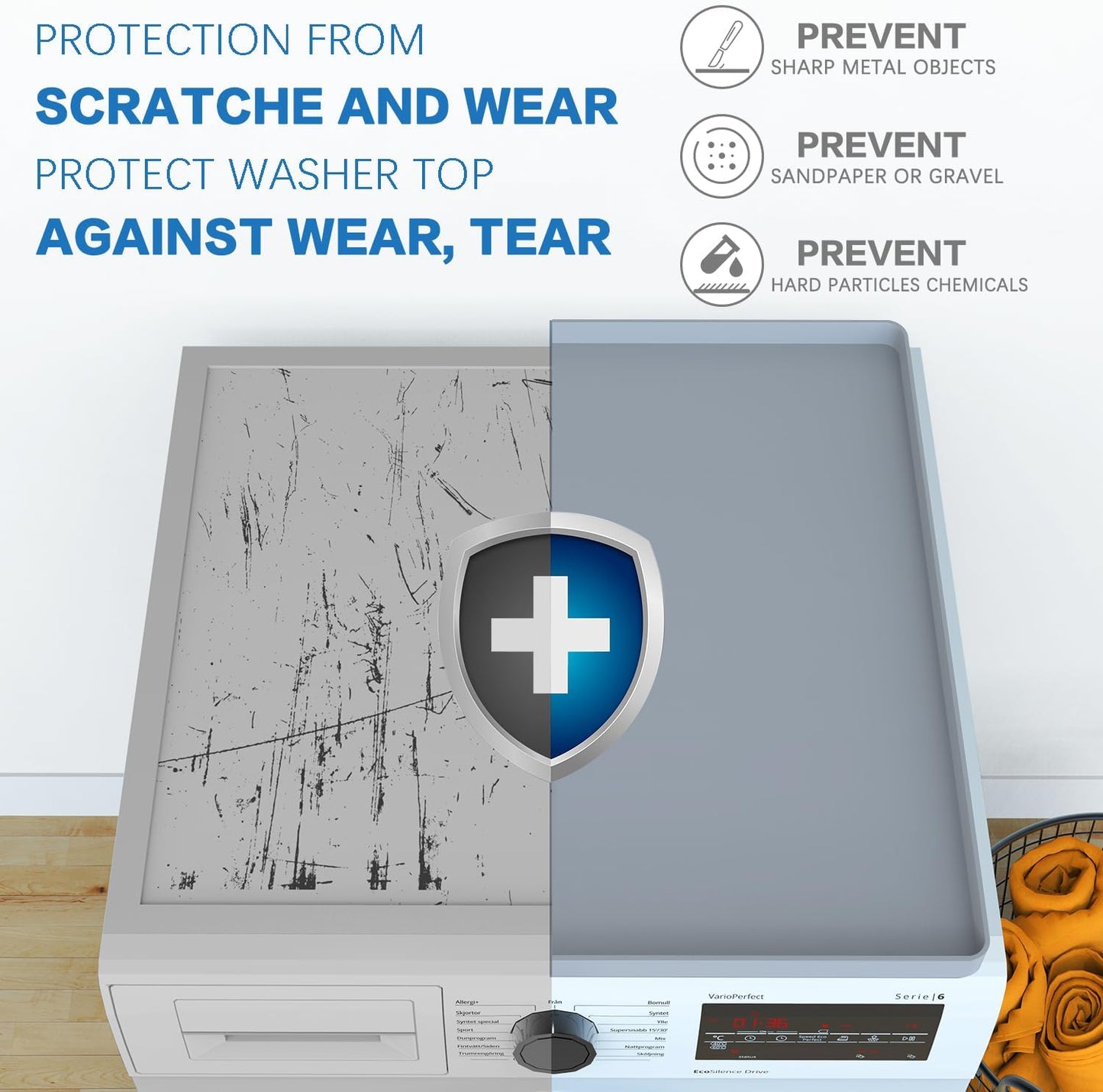 Set of 2 Gray Washer and Dryer Top Protector Mats - 26.5" x 26.5" Silicone Rubber Mats for Washing Machine and Dryer - Anti-Slip, Washable Laundry Room Accessories