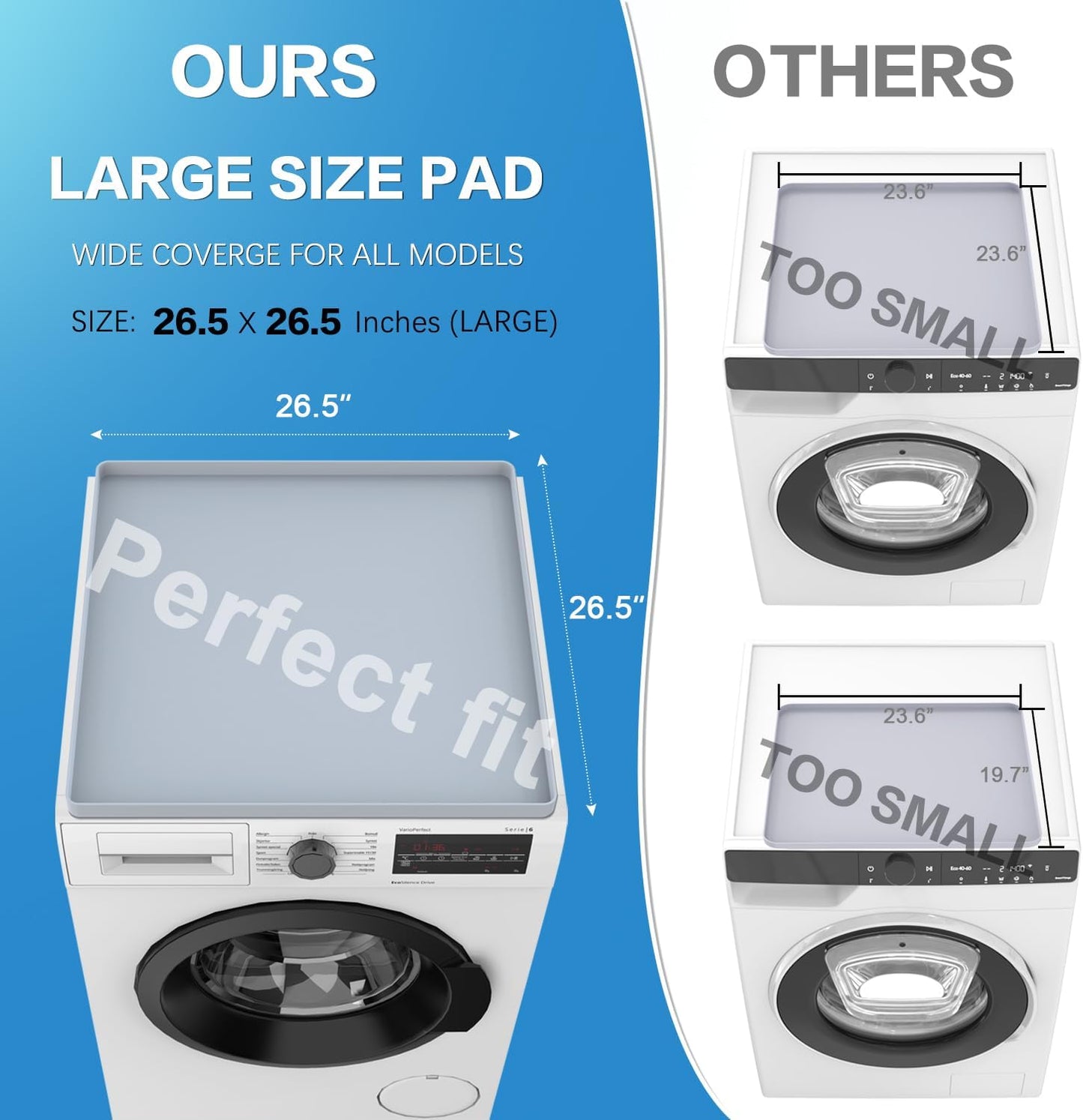 Set of 2 Gray Washer and Dryer Top Protector Mats - 26.5" x 26.5" Silicone Rubber Mats for Washing Machine and Dryer - Anti-Slip, Washable Laundry Room Accessories