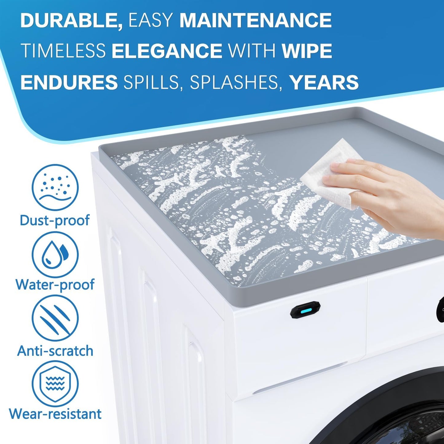 Set of 2 Gray Washer and Dryer Top Protector Mats - 26.5" x 26.5" Silicone Rubber Mats for Washing Machine and Dryer - Anti-Slip, Washable Laundry Room Accessories