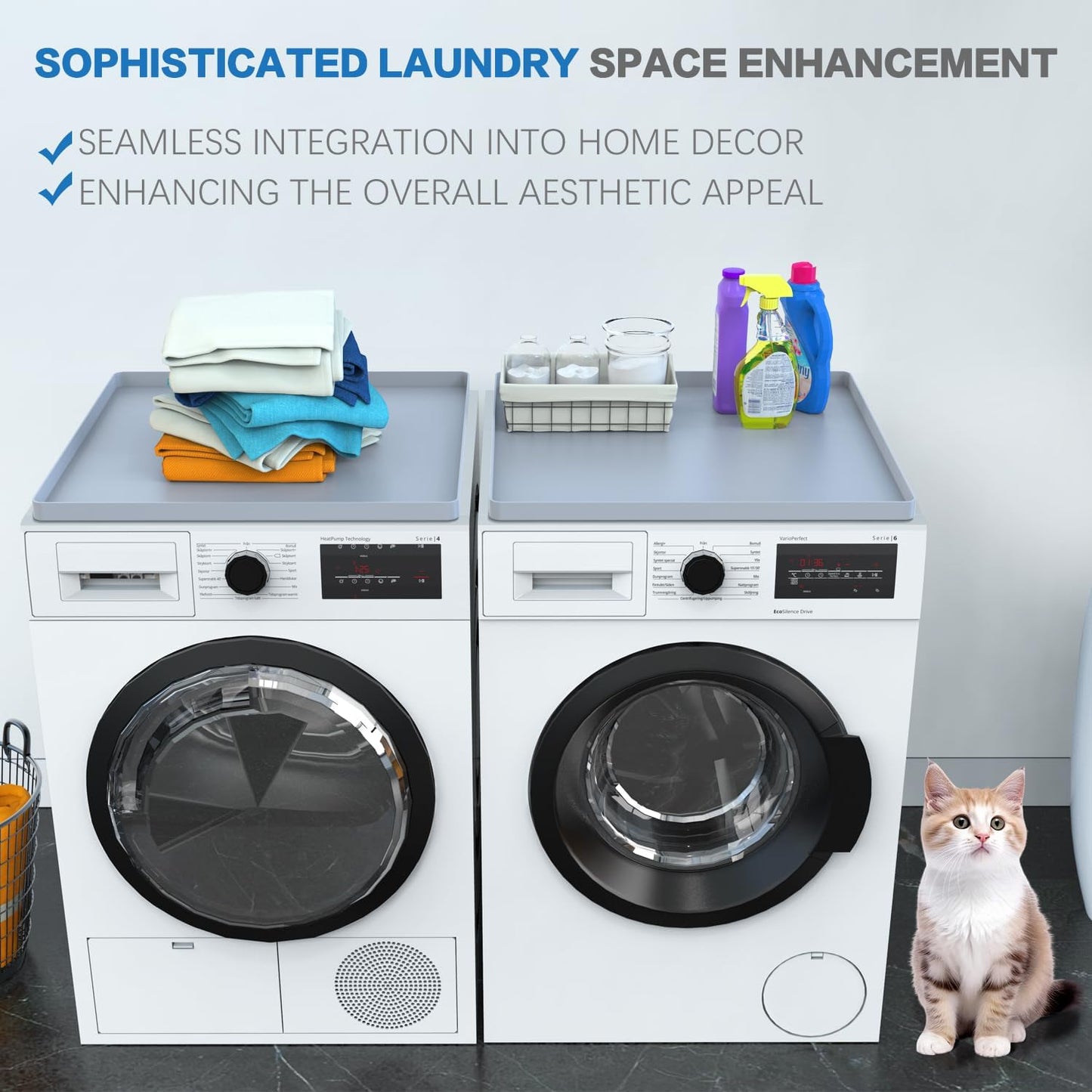 Set of 2 Gray Washer and Dryer Top Protector Mats - 26.5" x 26.5" Silicone Rubber Mats for Washing Machine and Dryer - Anti-Slip, Washable Laundry Room Accessories