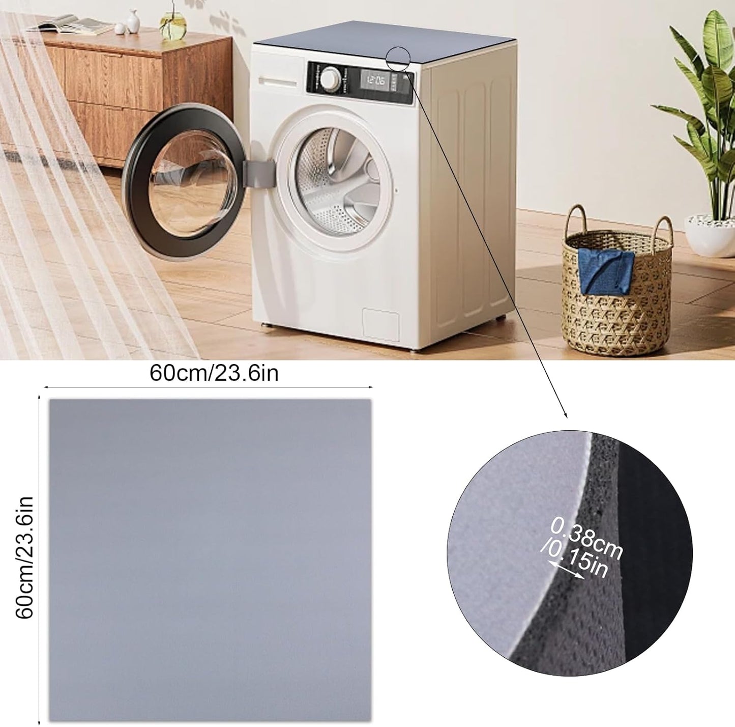 Set of 2 Grey Washer and Dryer Top Covers - 23.6 x 23.6 in Dust-Proof Non-Slip Pads for Washing Machine and Dryer - Diatom Rubber Mat Guards for Home Kitchen Laundry Room