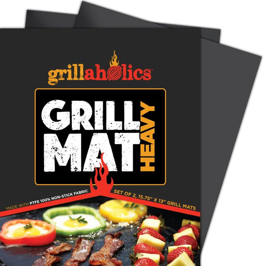 Set of 2 Grillaholics BBQ Grill Mats - Heavy Duty Non Stick Grilling Sheets with 600 Degree Max Temperature - Lifetime Warranty included
