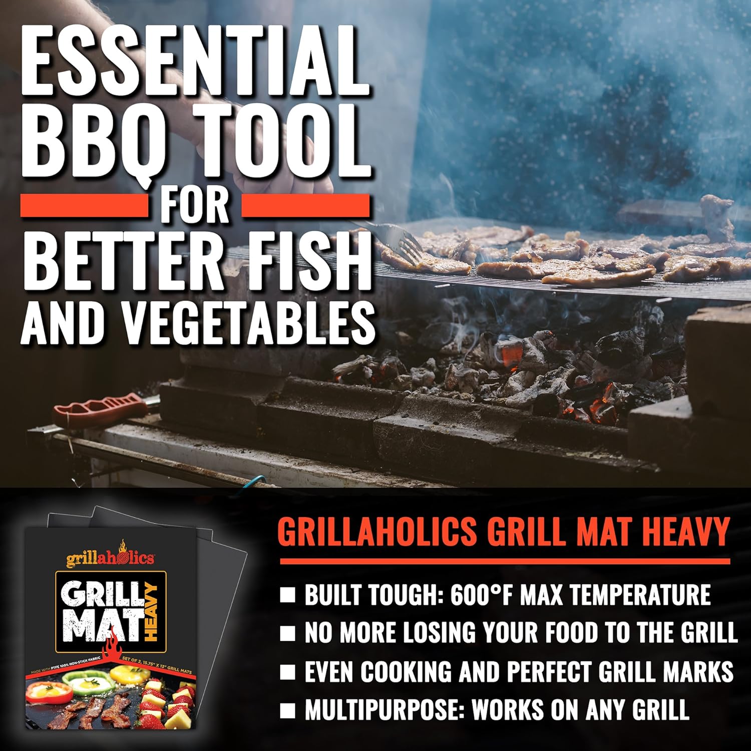 Set of 2 Grillaholics BBQ Grill Mats - Heavy Duty Non Stick Grilling Sheets with 600 Degree Max Temperature - Lifetime Warranty included