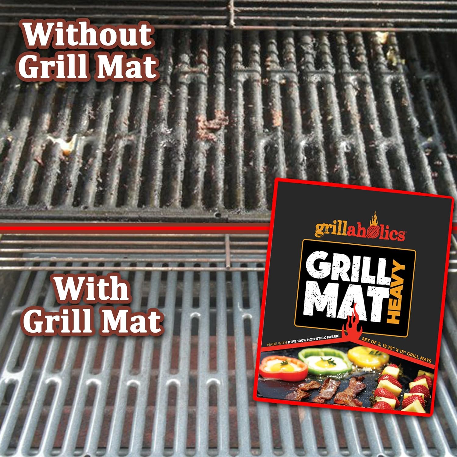 Set of 2 Grillaholics BBQ Grill Mats - Heavy Duty Non Stick Grilling Sheets with 600 Degree Max Temperature - Lifetime Warranty included