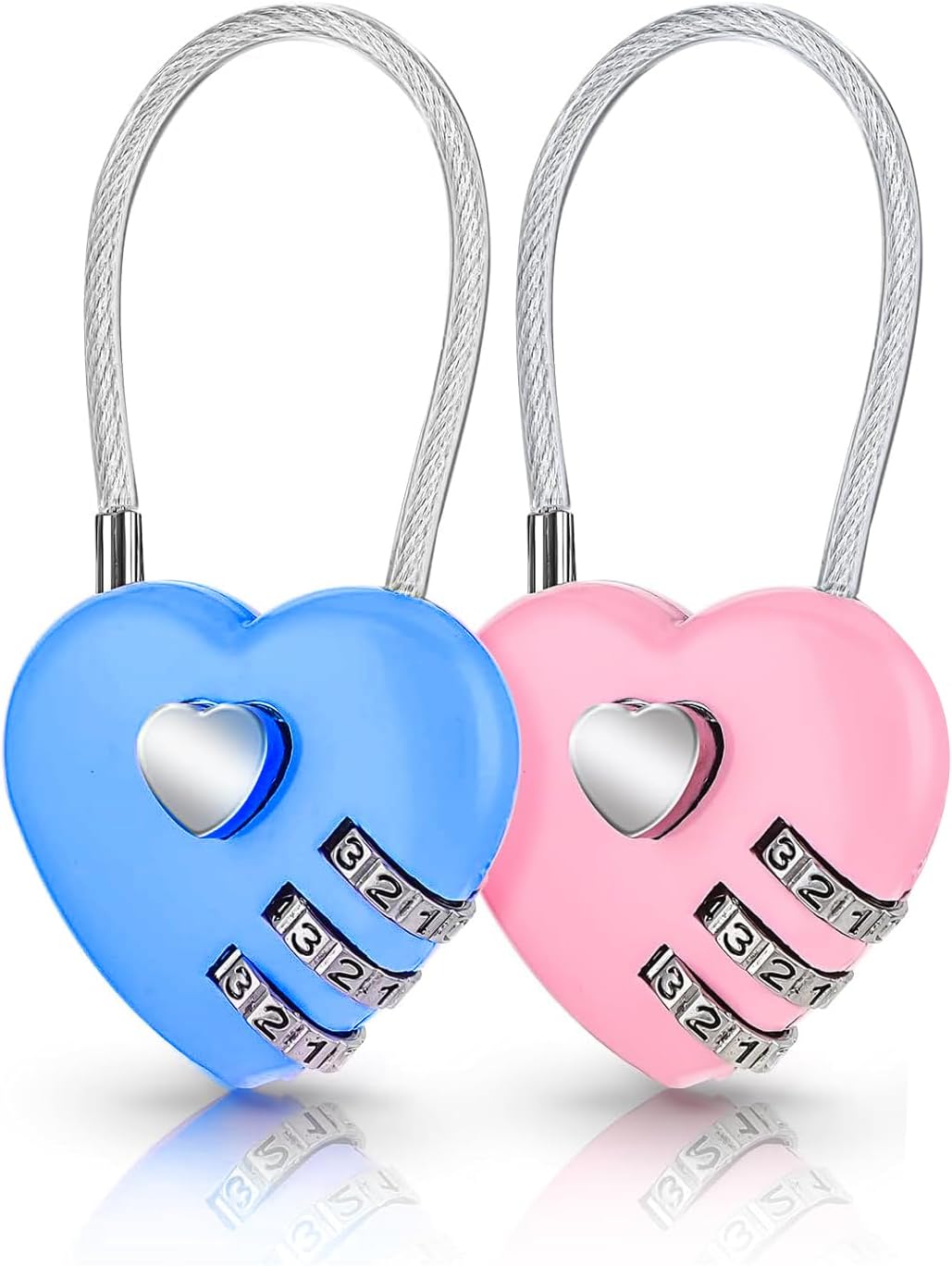 Set of 2 Heart Combination Locks with Wire Rope for Backpacks, Suitcases, and Lockers - Waterproof Mini Padlocks in Blue & Pink