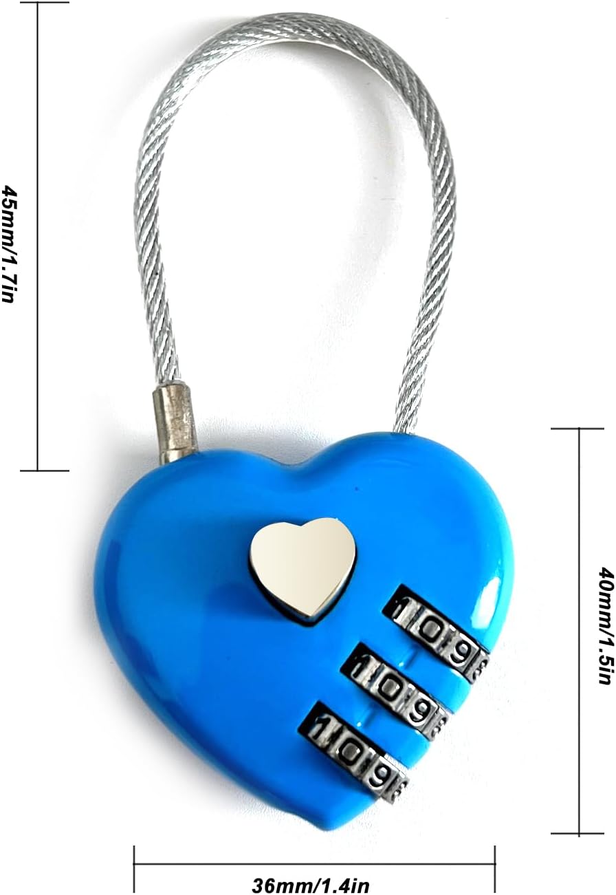 Set of 2 Heart Combination Locks with Wire Rope for Backpacks, Suitcases, and Lockers - Waterproof Mini Padlocks in Blue & Pink