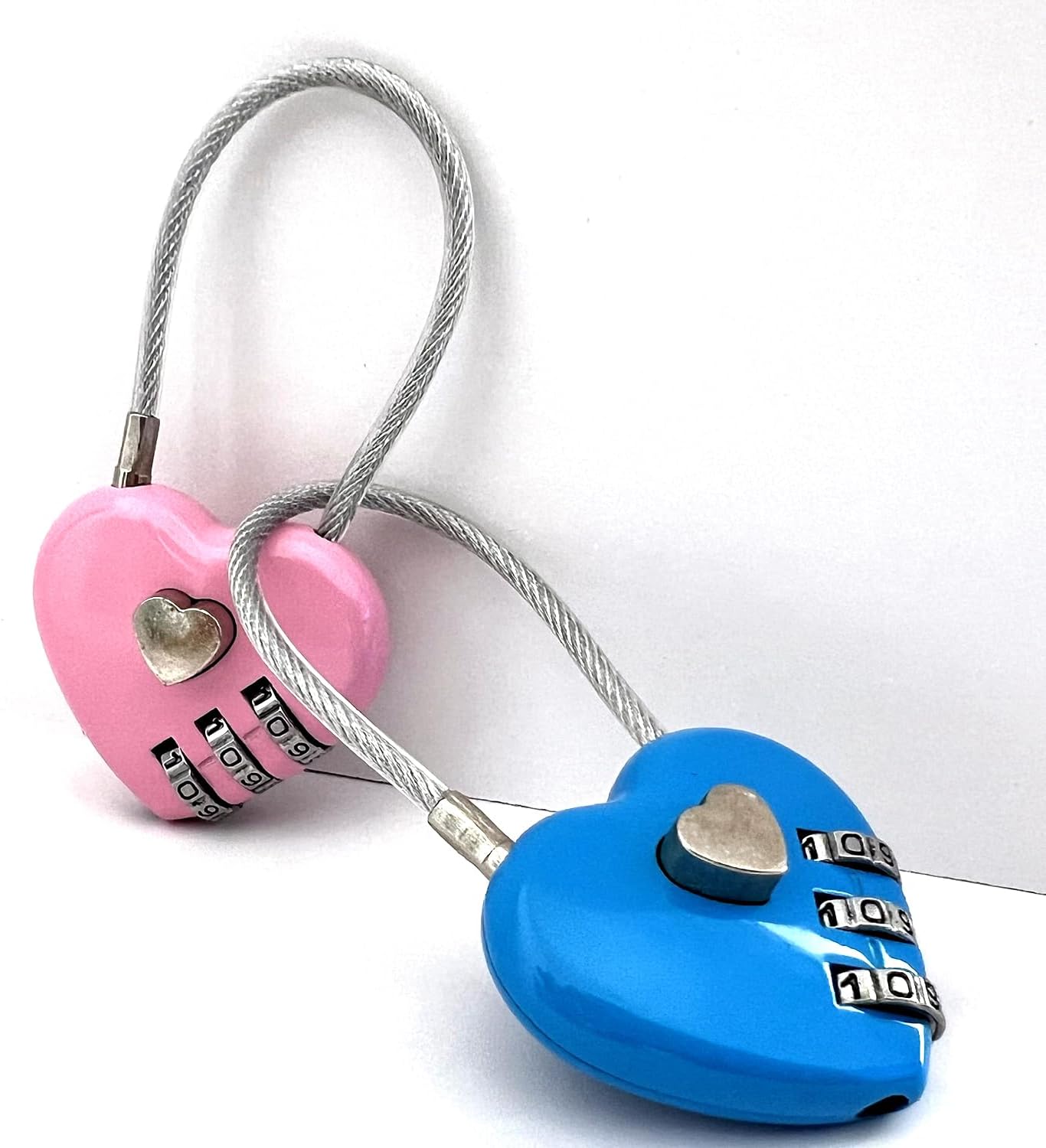 Set of 2 Heart Combination Locks with Wire Rope for Backpacks, Suitcases, and Lockers - Waterproof Mini Padlocks in Blue & Pink