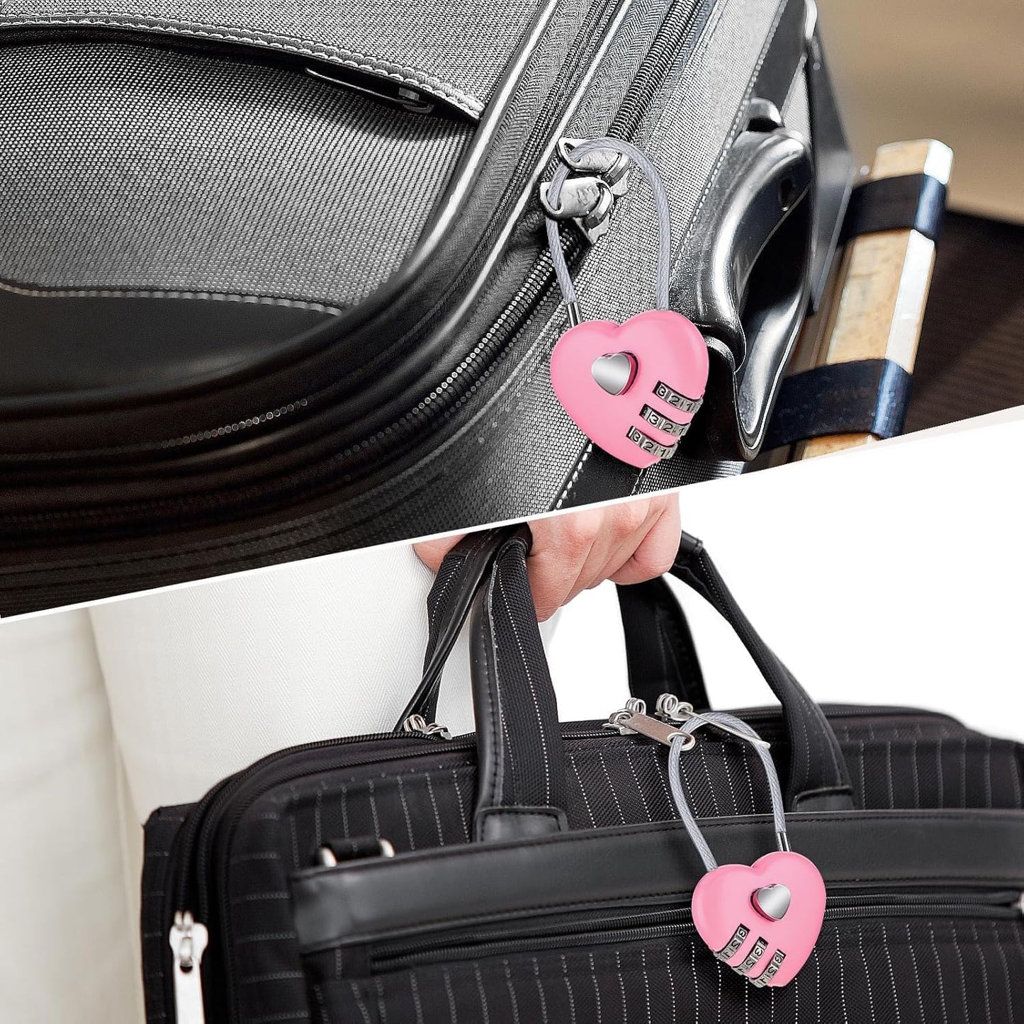 Set of 2 Heart Combination Locks with Wire Rope for Backpacks, Suitcases, and Lockers - Waterproof Mini Padlocks in Blue & Pink