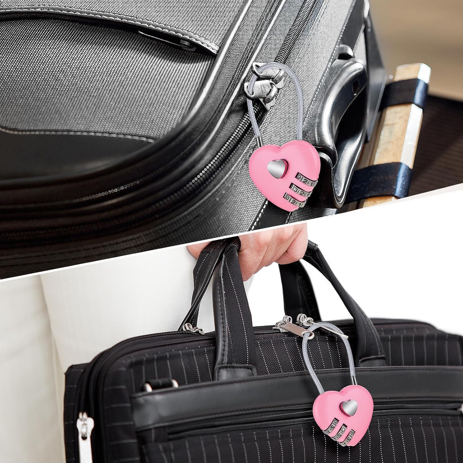 Set of 2 Heart Combination Locks with Wire Rope for Backpacks, Suitcases, and Lockers - Waterproof Mini Padlocks in Blue & Pink