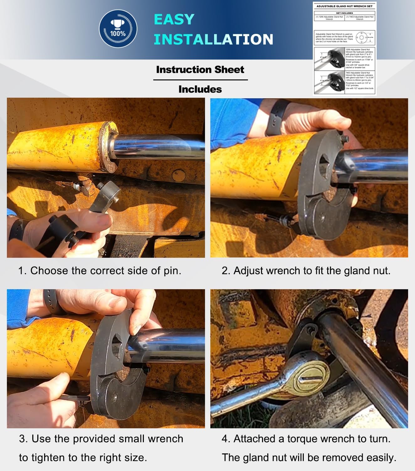 Set of 2 Hydraulic Cylinder Spanner Wrenches for Gland Nuts on Farm and Construction Equipment, Adjustable and Universal Sizes