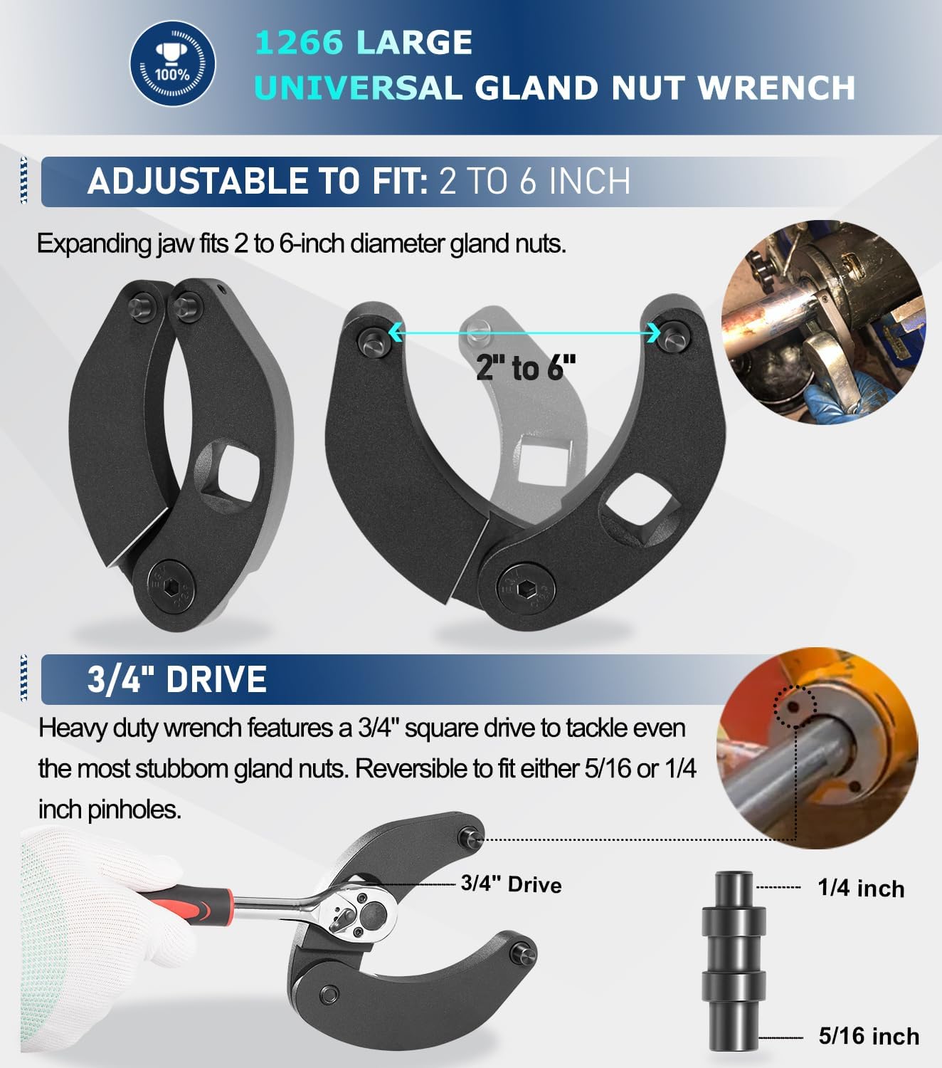 Set of 2 Hydraulic Cylinder Spanner Wrenches for Gland Nuts on Farm and Construction Equipment, Adjustable and Universal Sizes