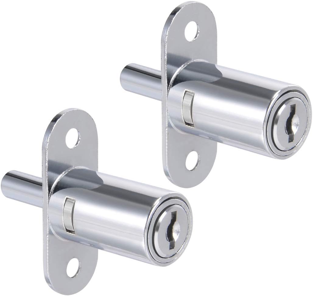 Set of 2 Keyed Alike Zinc Alloy Chrome Plunger Locks for Drawers, Desks, Wardrobes, and Cabinets - 3/4" Cylinder Diameter, 1-1/4" Cylinder Length