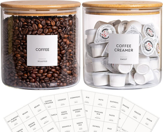 Set of 2 Laramaid 73oz Glass Jar Canisters with Bamboo Lids, Customizable Labels, Food Storage Containers for Home and Kitchen