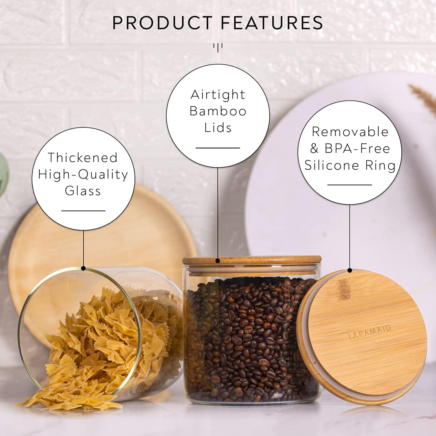 Set of 2 Laramaid 73oz Glass Jar Canisters with Bamboo Lids, Customizable Labels, Food Storage Containers for Home and Kitchen
