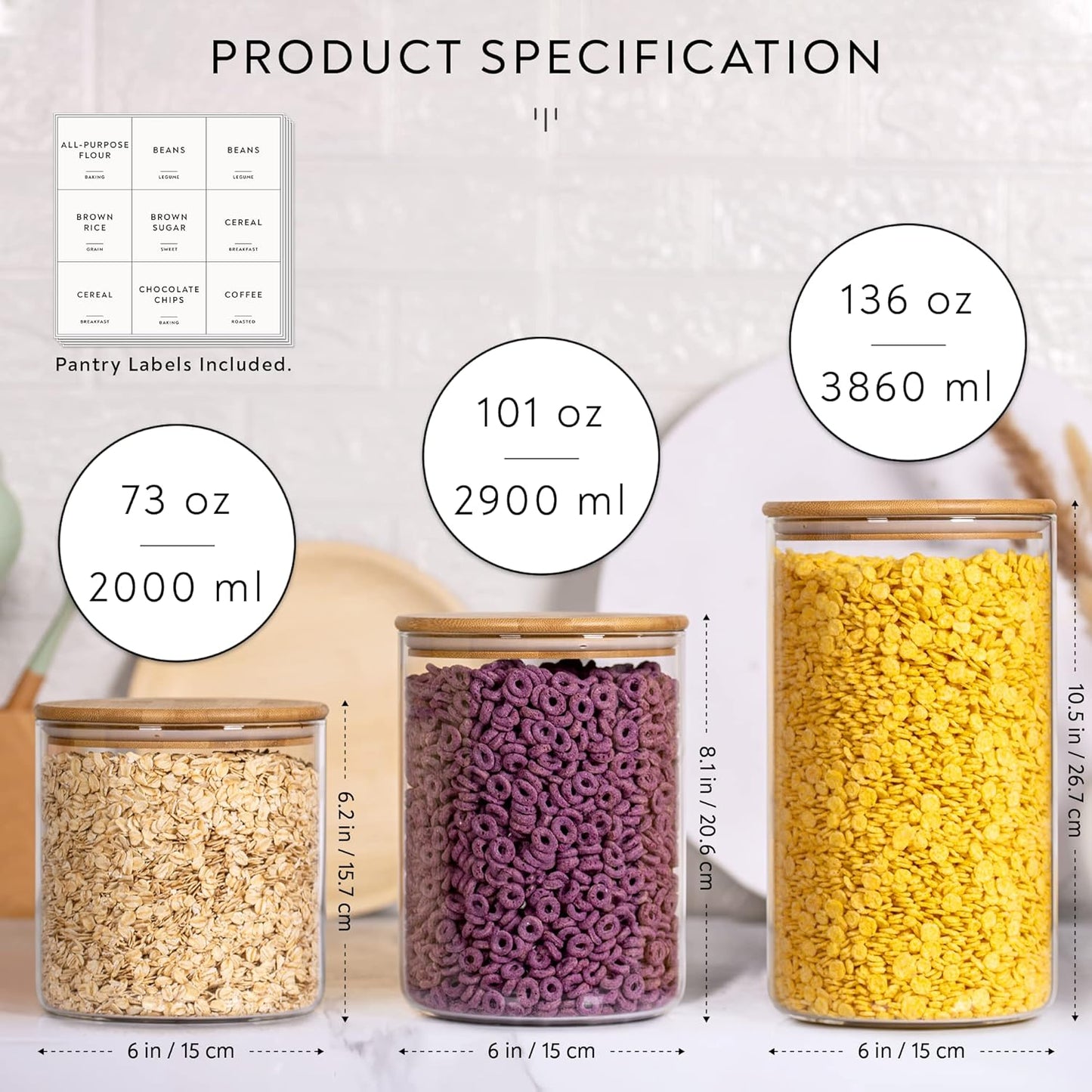 Set of 2 Laramaid 73oz Glass Jar Canisters with Bamboo Lids, Customizable Labels, Food Storage Containers for Home and Kitchen