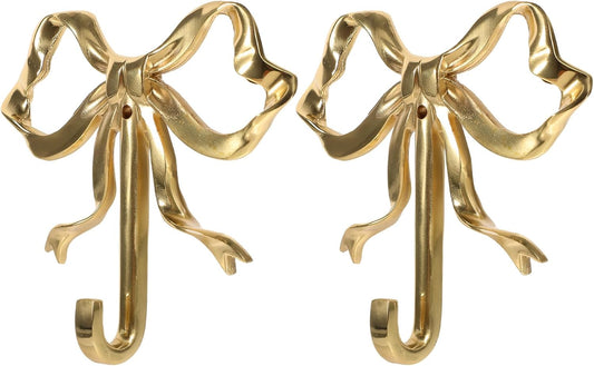 Set of 2 Large Brass Bow Hooks for Hanging Coats, Hats, and Towels - Gold Wall Hooks with Bowknot Design (3.62X3.54X0.79in)