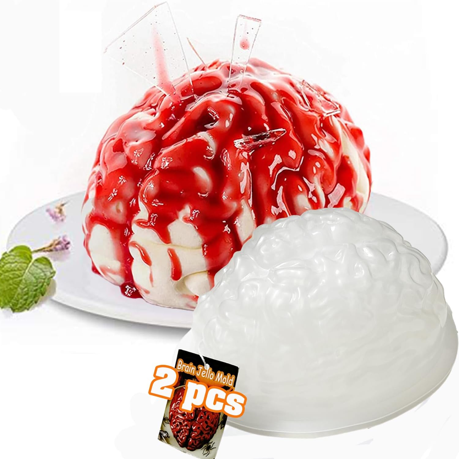 Set of 2 Large Human Zombie Brain Gelatin Molds for Halloween Cake Candy - Plastic Brain Mould for Party Decorations - Kid and Adult-Friendly Brain Jello Mold