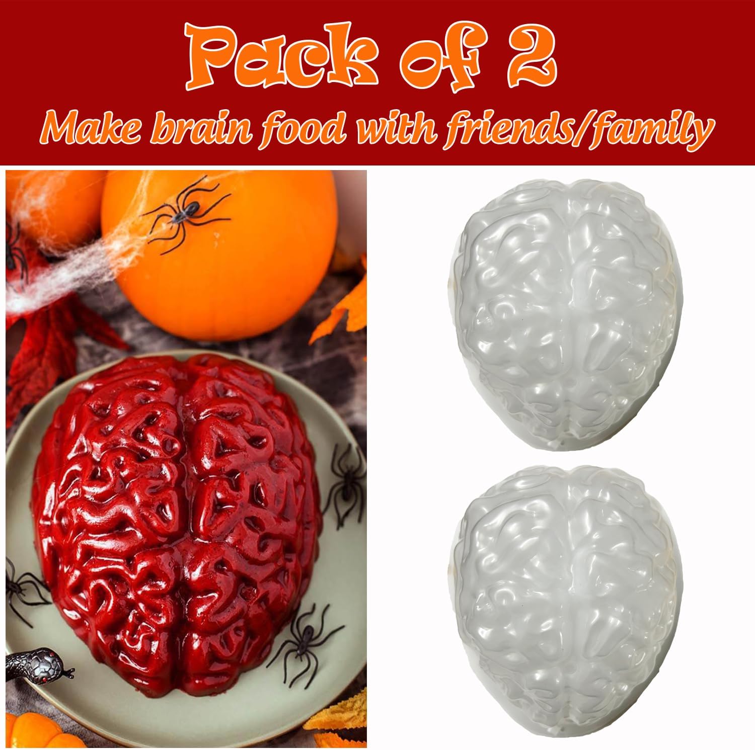 Set of 2 Large Human Zombie Brain Gelatin Molds for Halloween Cake Candy - Plastic Brain Mould for Party Decorations - Kid and Adult-Friendly Brain Jello Mold