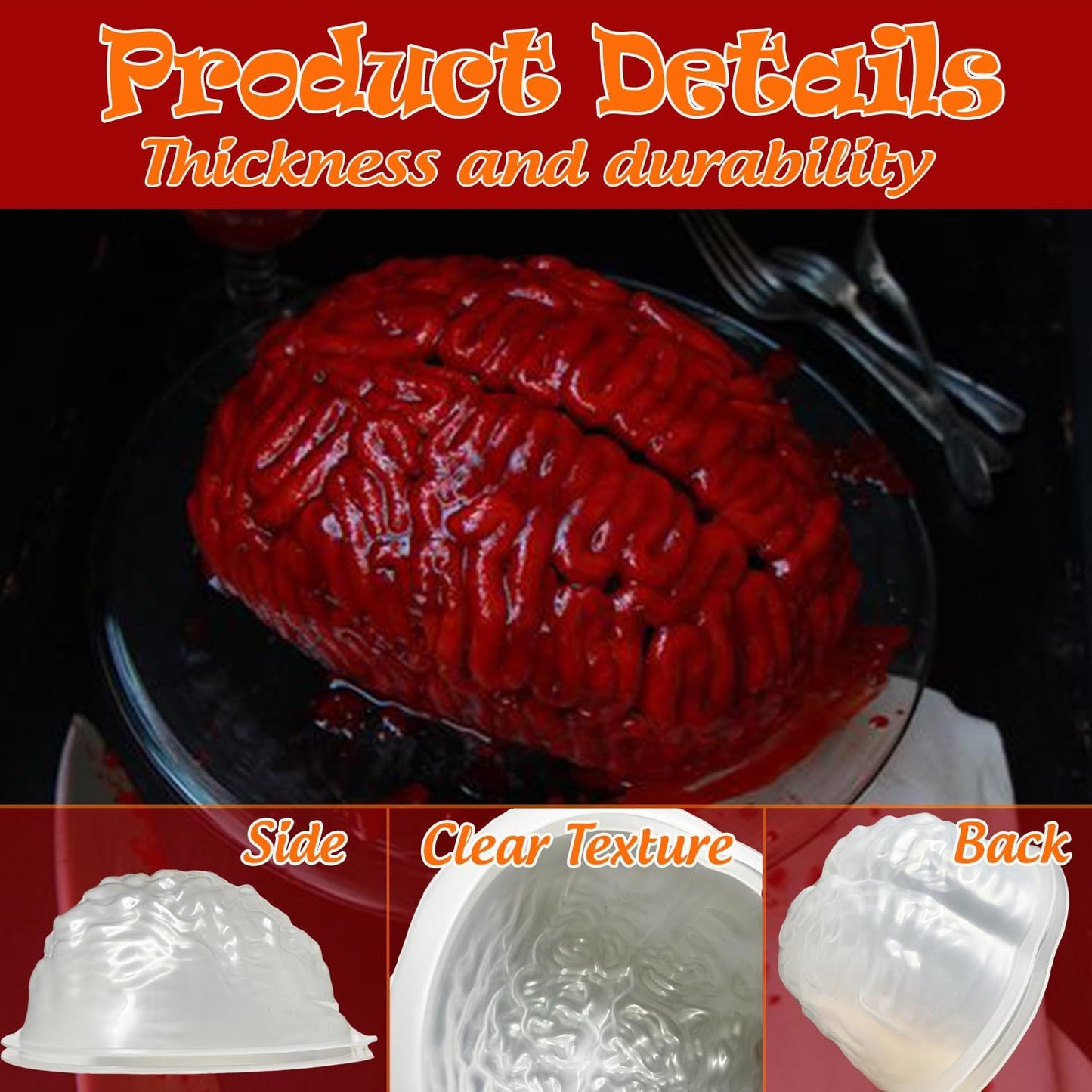 Set of 2 Large Human Zombie Brain Gelatin Molds for Halloween Cake Candy - Plastic Brain Mould for Party Decorations - Kid and Adult-Friendly Brain Jello Mold
