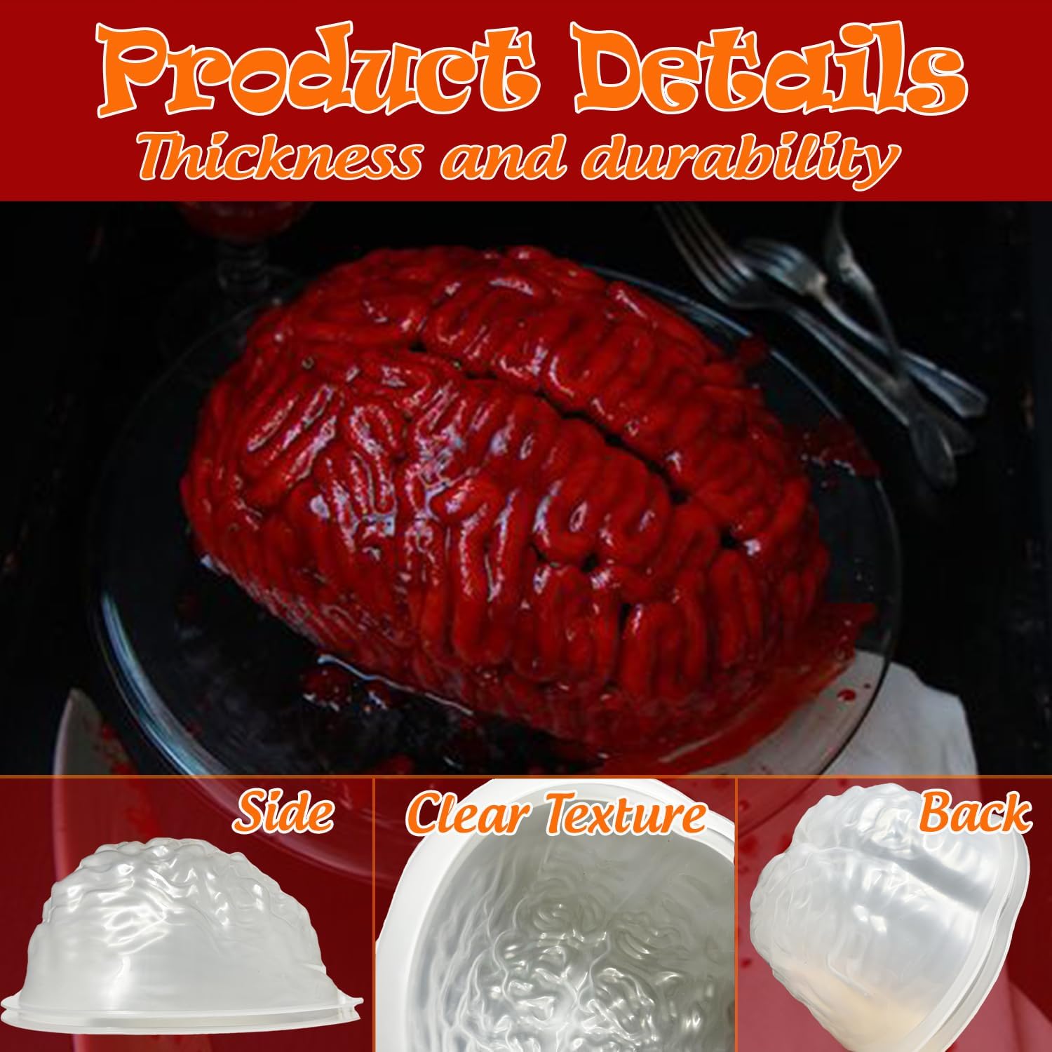 Set of 2 Large Human Zombie Brain Gelatin Molds for Halloween Cake Candy - Plastic Brain Mould for Party Decorations - Kid and Adult-Friendly Brain Jello Mold