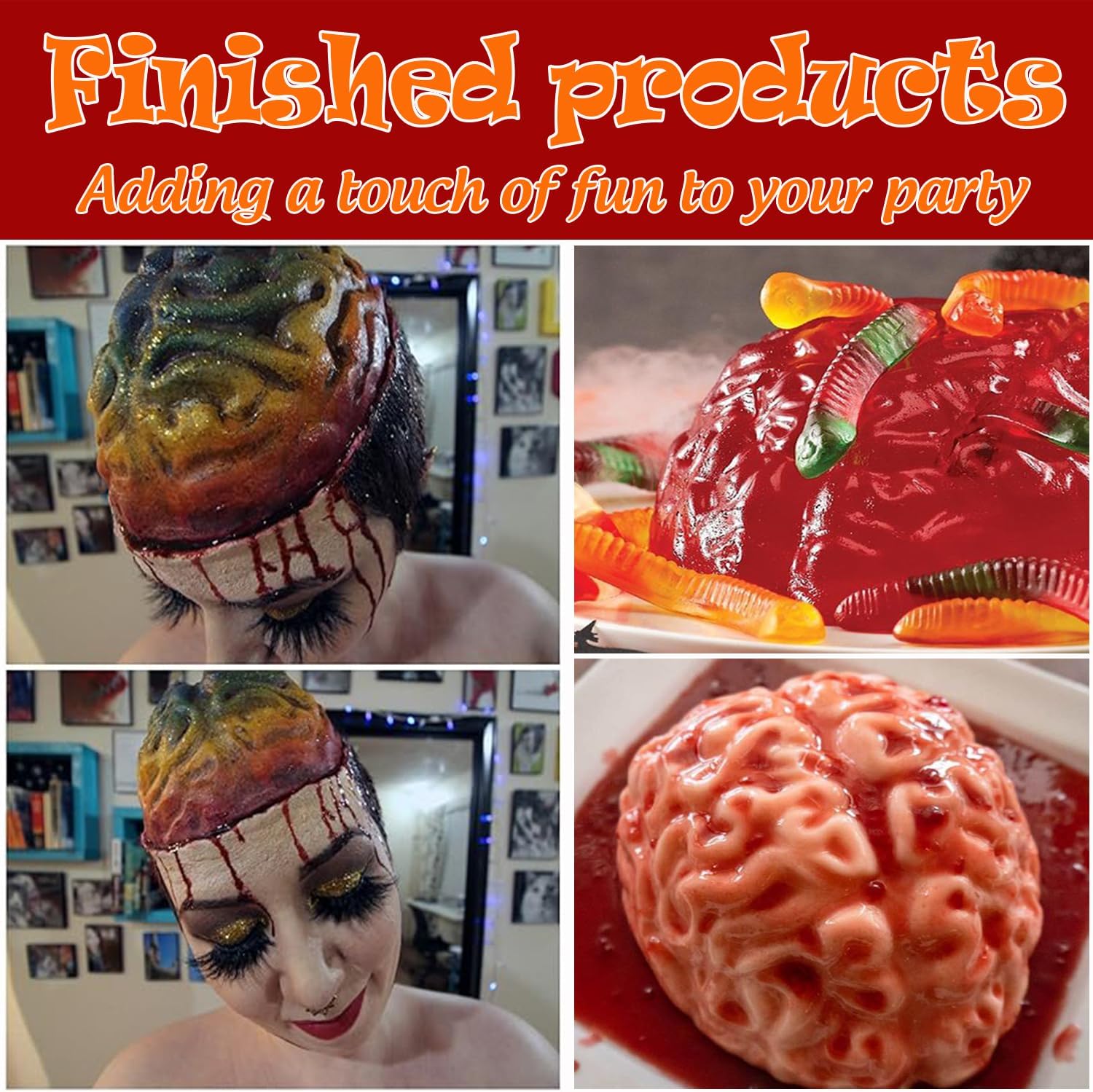 Set of 2 Large Human Zombie Brain Gelatin Molds for Halloween Cake Candy - Plastic Brain Mould for Party Decorations - Kid and Adult-Friendly Brain Jello Mold