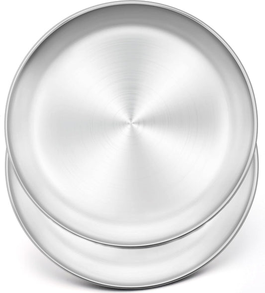 Set of 2 Large Stainless Steel Round Pizza Pans - 10 Inch Healthy Tray for Baking and Serving - Dishwasher Safe