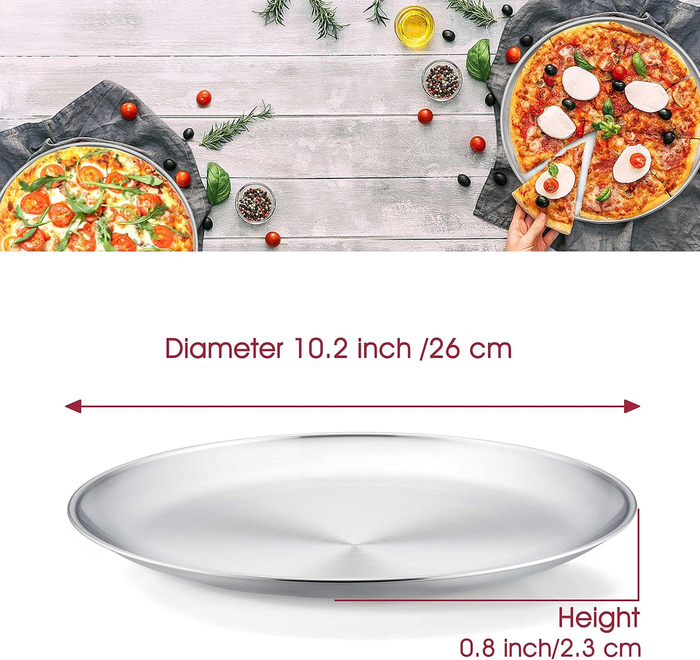 Set of 2 Large Stainless Steel Round Pizza Pans - 10 Inch Healthy Tray for Baking and Serving - Dishwasher Safe