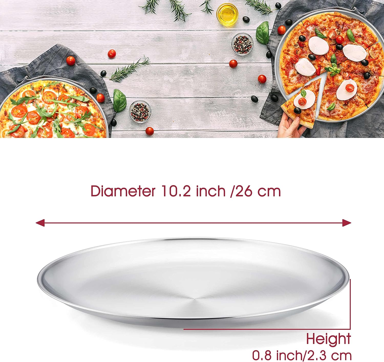 Set of 2 Large Stainless Steel Round Pizza Pans - 10 Inch Healthy Tray for Baking and Serving - Dishwasher Safe