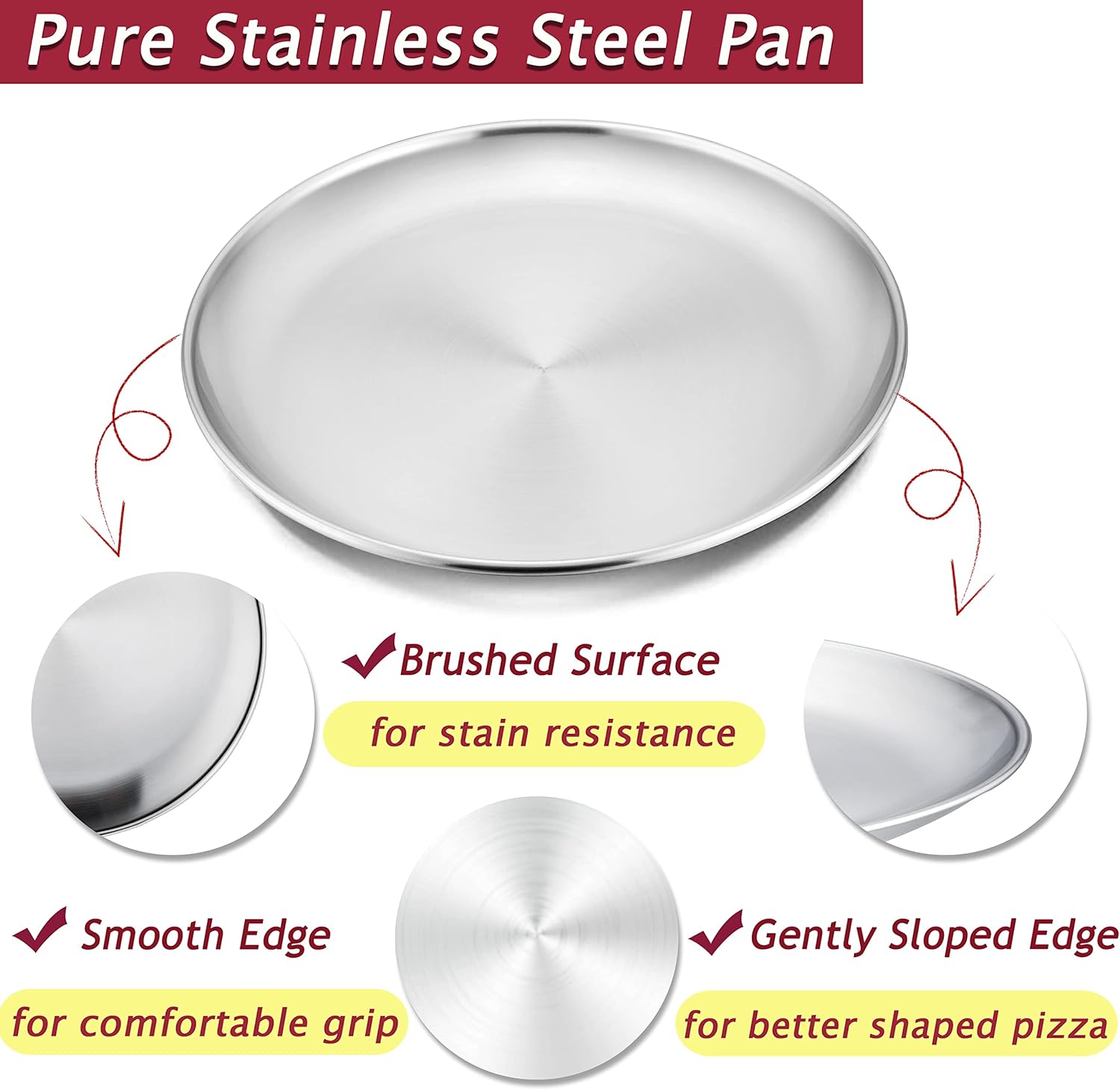 Set of 2 Large Stainless Steel Round Pizza Pans - 10 Inch Healthy Tray for Baking and Serving - Dishwasher Safe