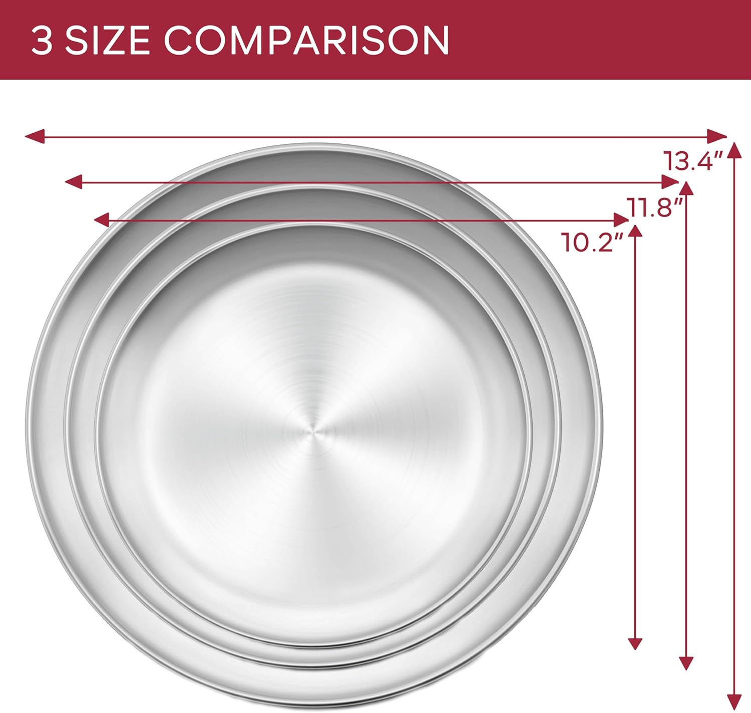 Set of 2 Large Stainless Steel Round Pizza Pans - 10 Inch Healthy Tray for Baking and Serving - Dishwasher Safe