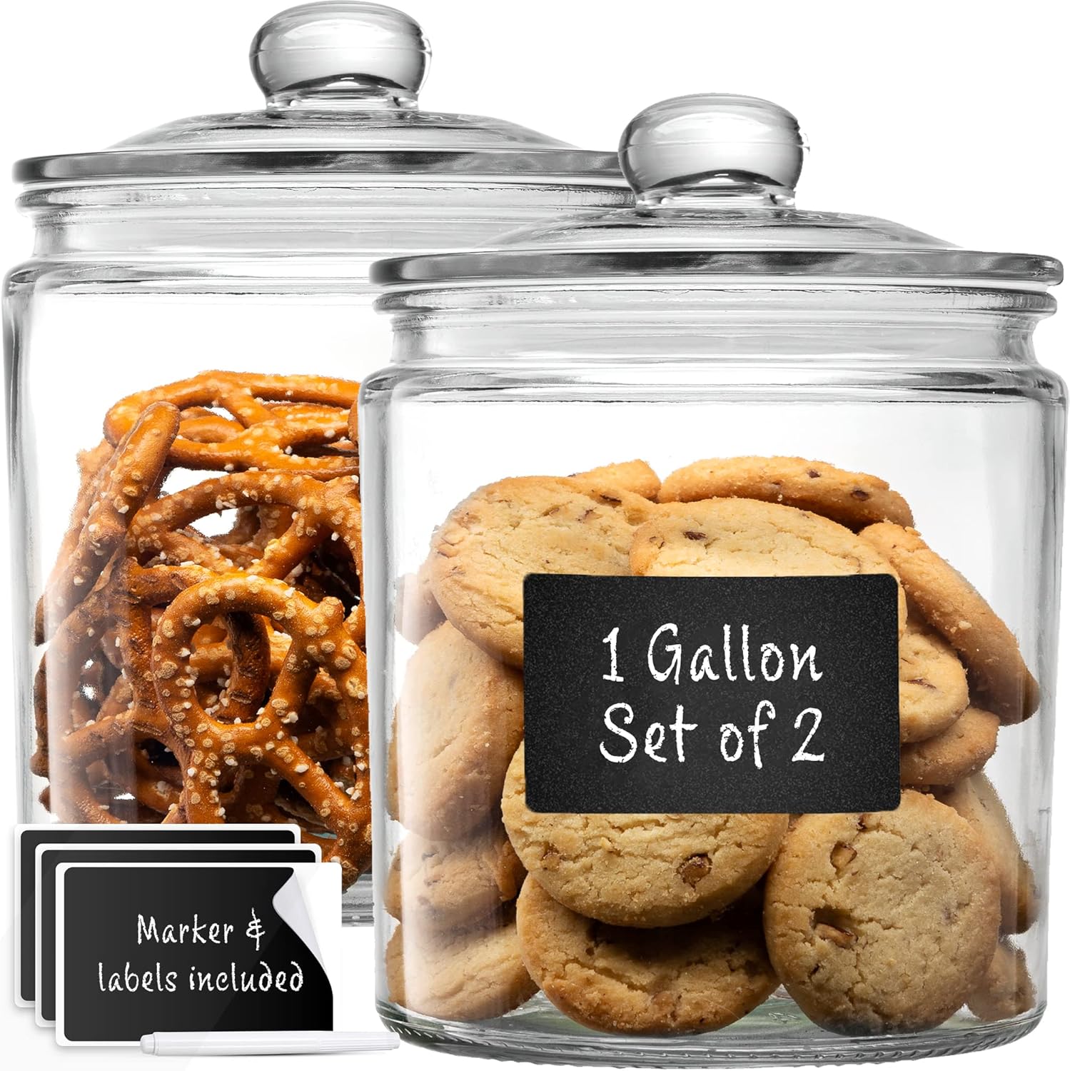 Set of 2 Le'raze 1 Gallon Glass Cookie Jars with Labels & Marker - Airtight Canister Sets for Kitchen Counter