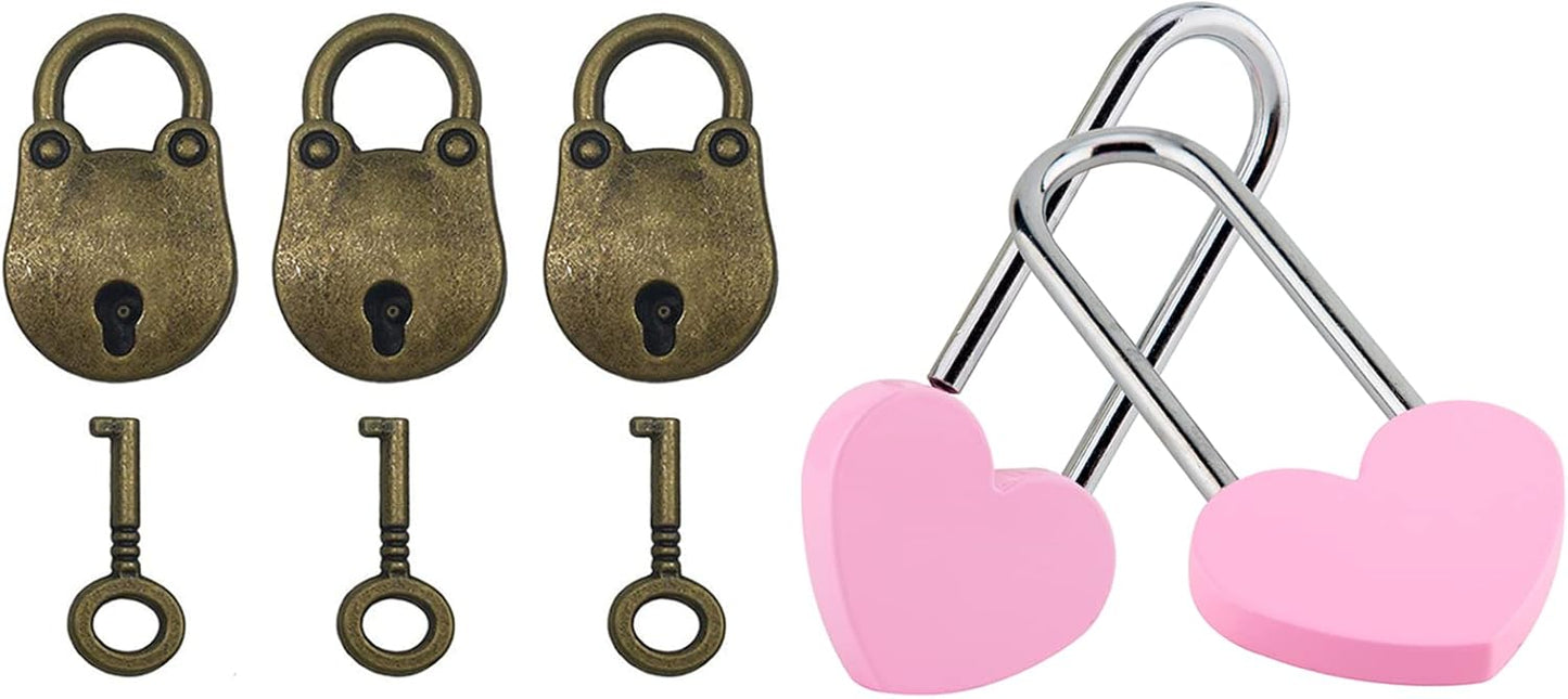 Set of 2 Love Locks (3.5" 50mm) without Key + 3 Vintage Bear Shaped Locks with 2 Keys