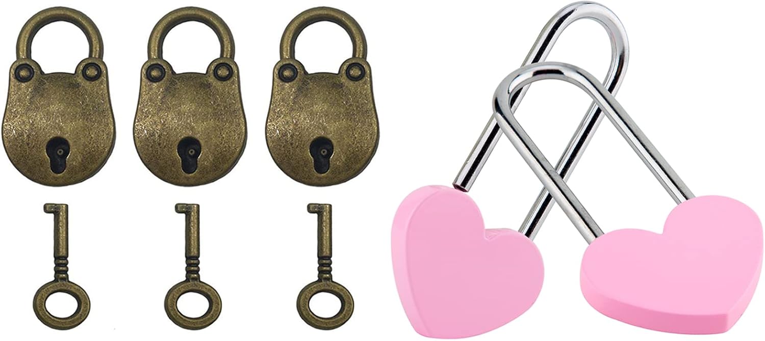 Set of 2 Love Locks (3.5" 50mm) without Key + 3 Vintage Bear Shaped Locks with 2 Keys