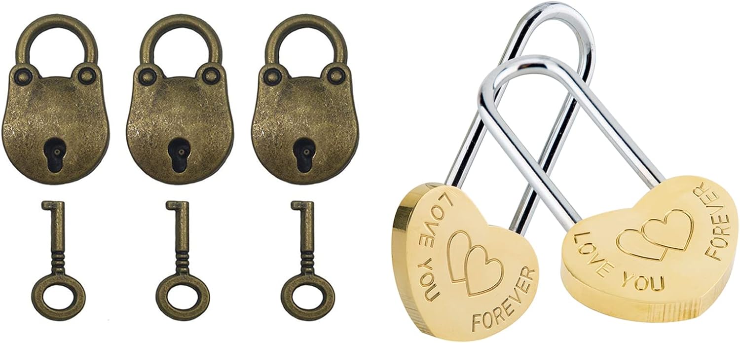 Set of 2 Love Locks Without Key + 3 Mini Vintage Bear Locks with Keys - 3.5" 50mm Size