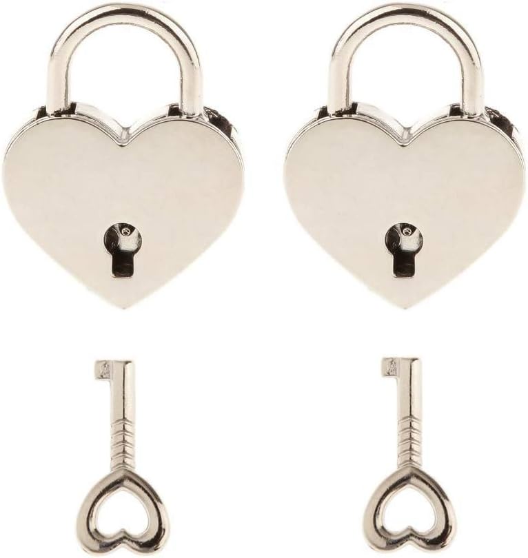 Set of 2 Mini Heart Shaped Padlocks with Keys for Jewelry Boxes and More - Silver Color