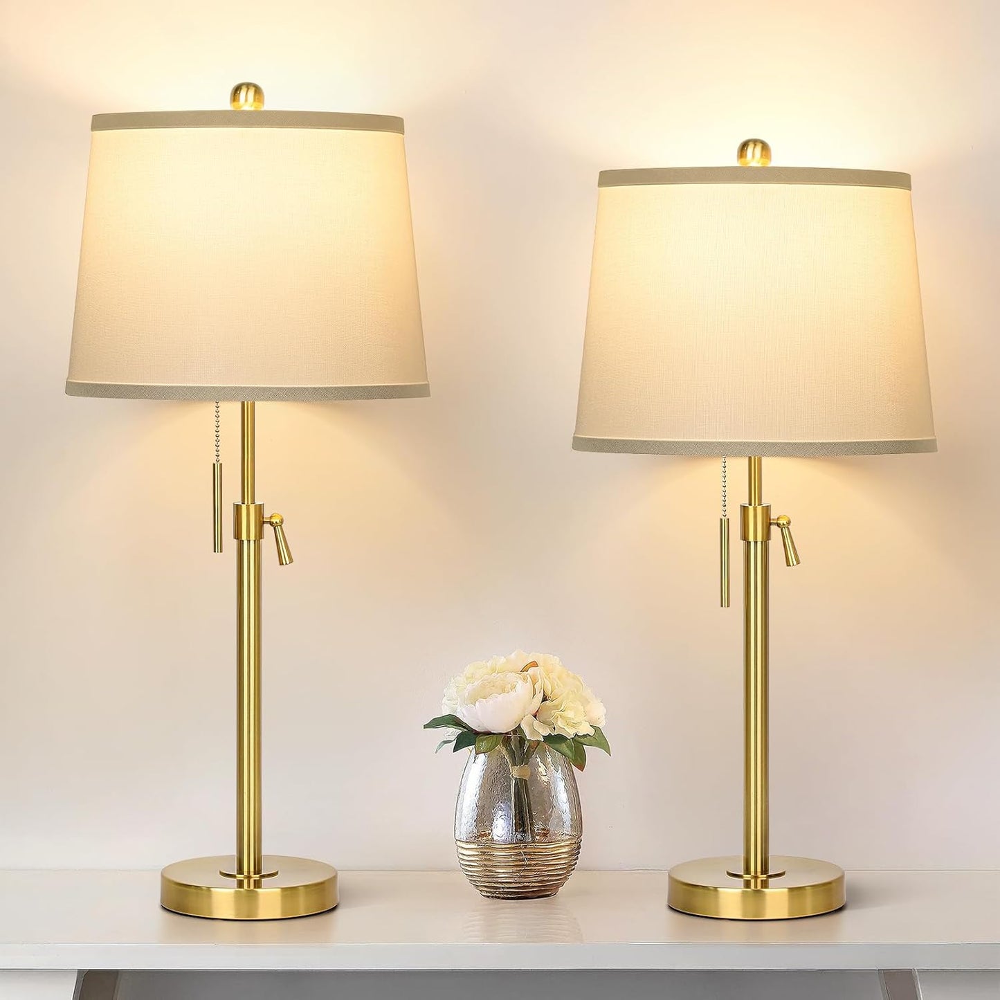 Set of 2 Modern Adjustable Height Gold Table Lamps with White Shade - Perfect for Living Room, Bedroom, Office - Includes Bulbs