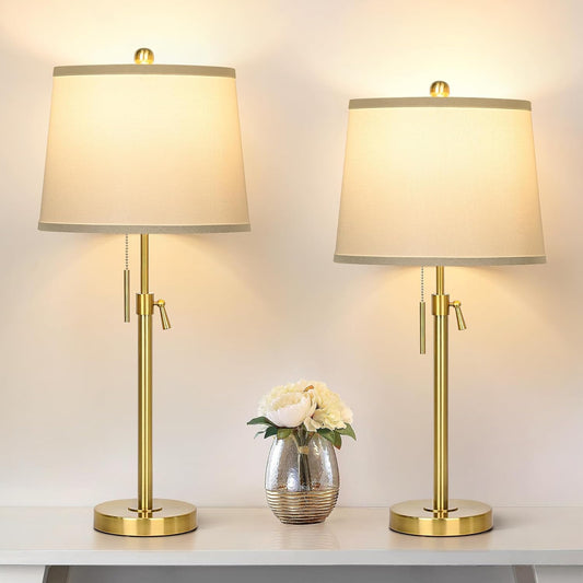 Set of 2 Modern Adjustable Height Gold Table Lamps with White Shade - Perfect for Living Room, Bedroom, Office - Includes Bulbs