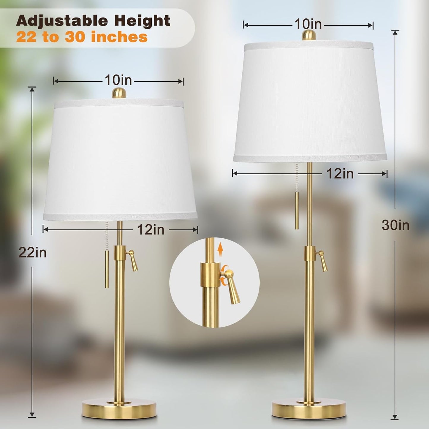 Set of 2 Modern Adjustable Height Gold Table Lamps with White Shade - Perfect for Living Room, Bedroom, Office - Includes Bulbs