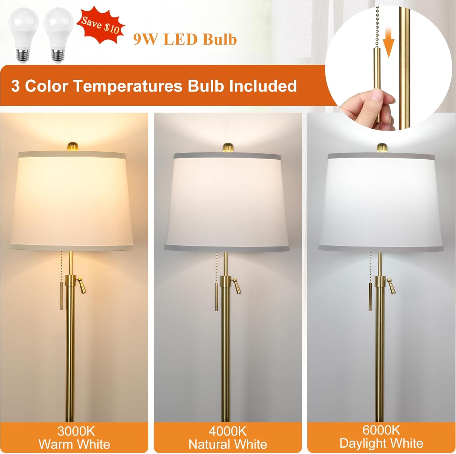Set of 2 Modern Adjustable Height Gold Table Lamps with White Shade - Perfect for Living Room, Bedroom, Office - Includes Bulbs