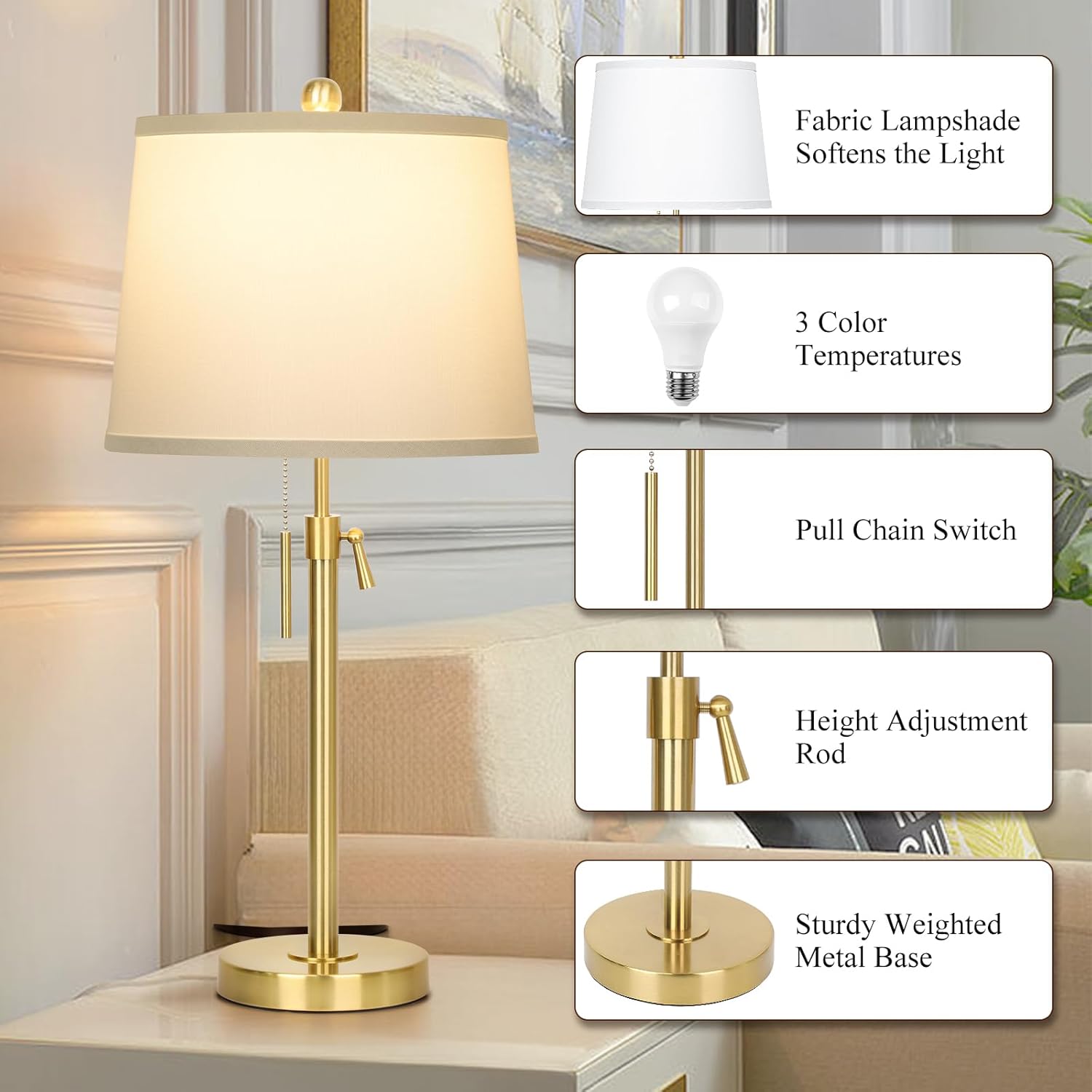 Set of 2 Modern Adjustable Height Gold Table Lamps with White Shade - Perfect for Living Room, Bedroom, Office - Includes Bulbs