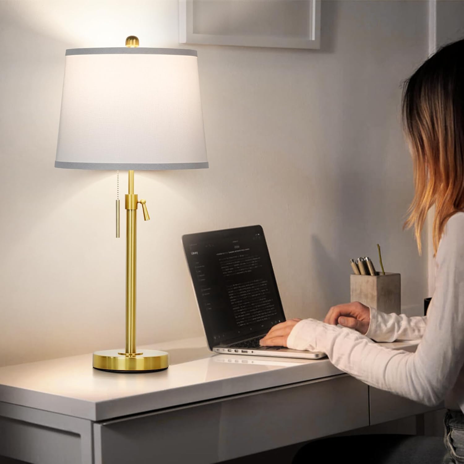 Set of 2 Modern Adjustable Height Gold Table Lamps with White Shade - Perfect for Living Room, Bedroom, Office - Includes Bulbs