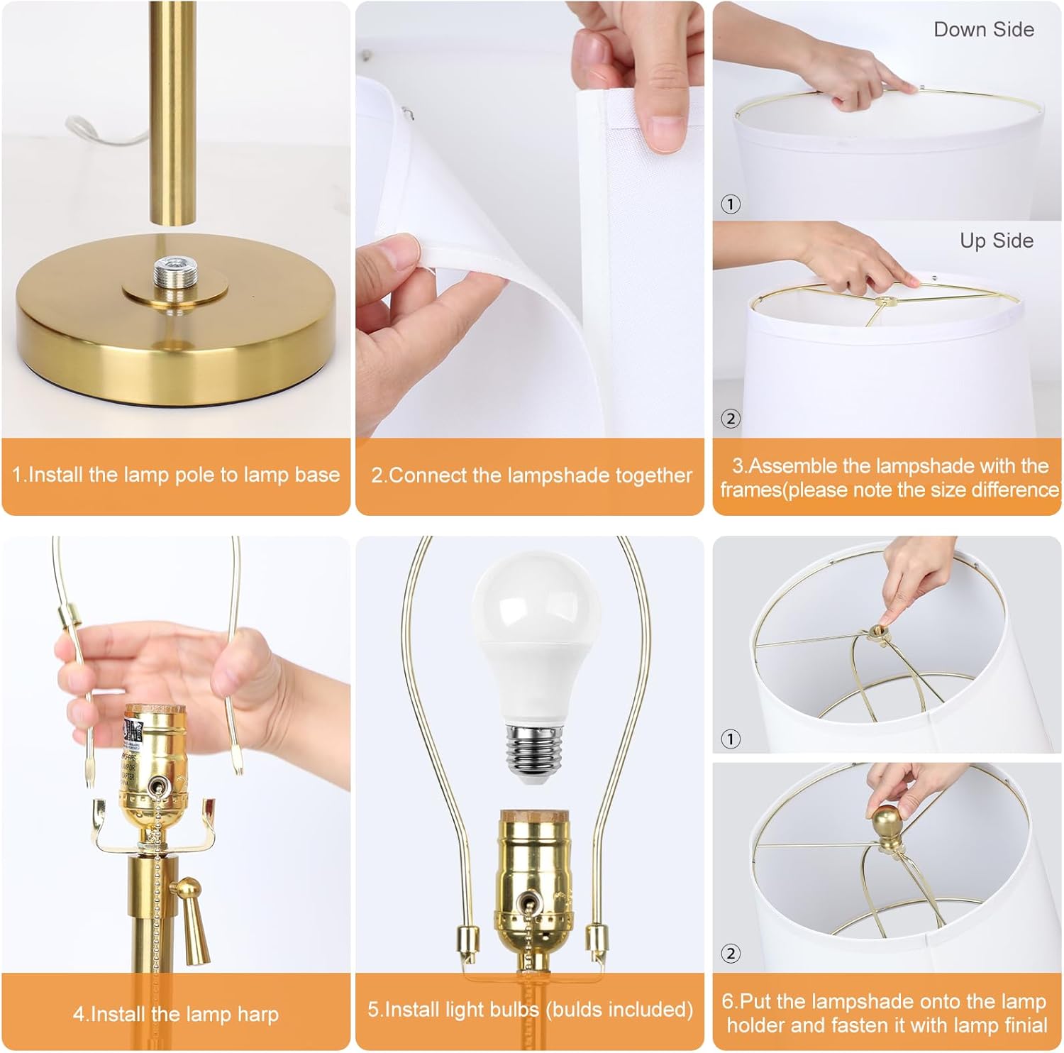 Set of 2 Modern Adjustable Height Gold Table Lamps with White Shade - Perfect for Living Room, Bedroom, Office - Includes Bulbs