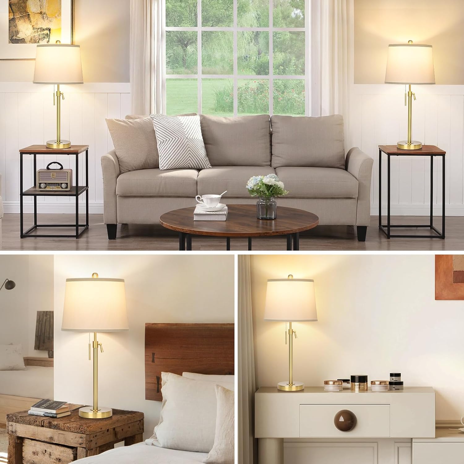 Set of 2 Modern Adjustable Height Gold Table Lamps with White Shade - Perfect for Living Room, Bedroom, Office - Includes Bulbs