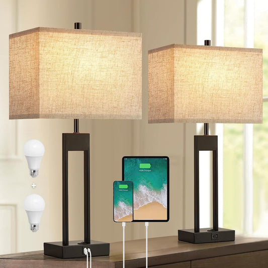Set of 2 Modern Nightstand Table Lamps with USB Ports, 25.5’’ Bedside Lamp for Bedrooms, End Tables, and Living Rooms - 3 Colors Changing Option