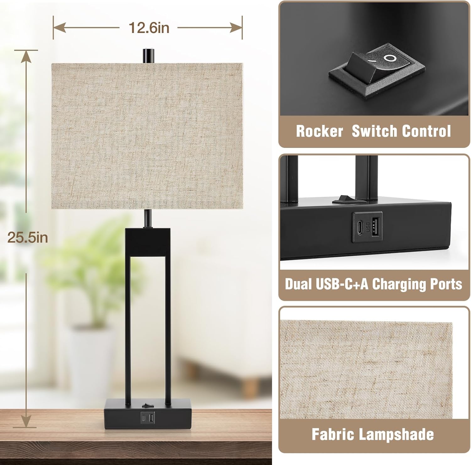 Set of 2 Modern Nightstand Table Lamps with USB Ports, 25.5’’ Bedside Lamp for Bedrooms, End Tables, and Living Rooms - 3 Colors Changing Option