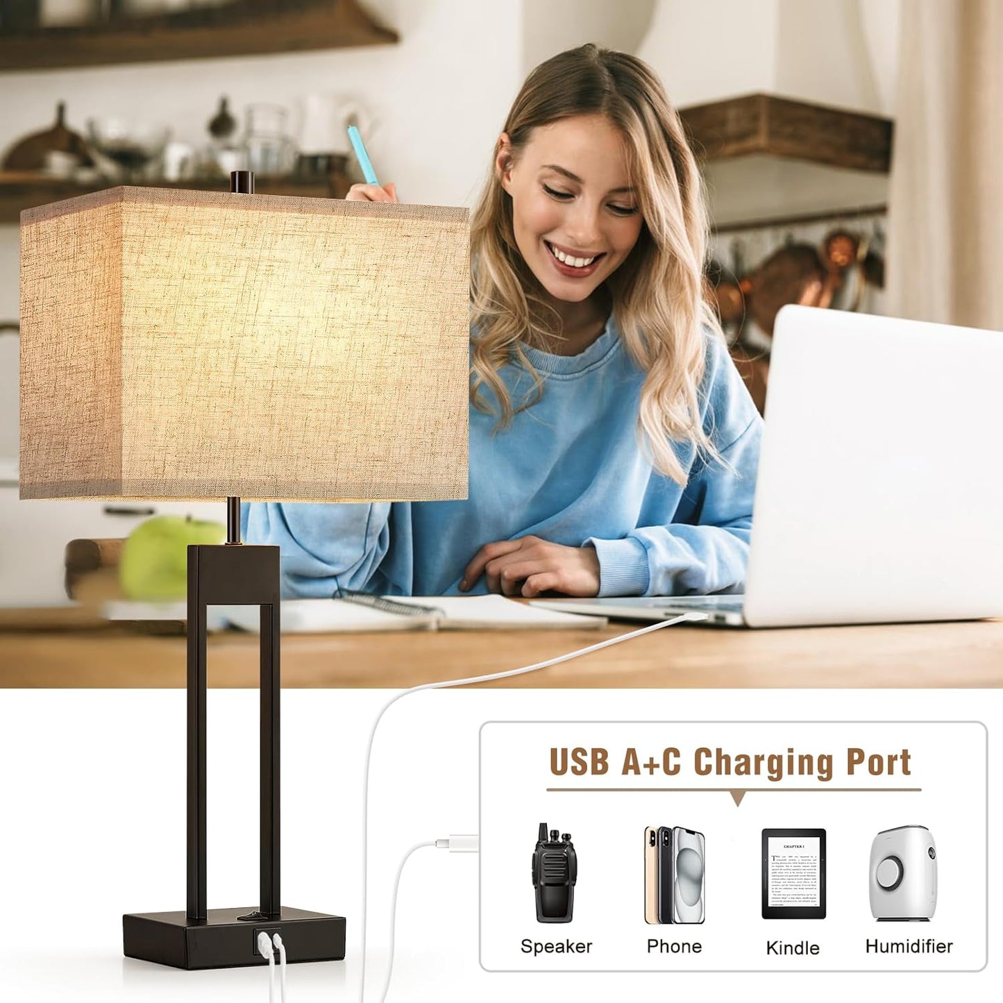 Set of 2 Modern Nightstand Table Lamps with USB Ports, 25.5’’ Bedside Lamp for Bedrooms, End Tables, and Living Rooms - 3 Colors Changing Option